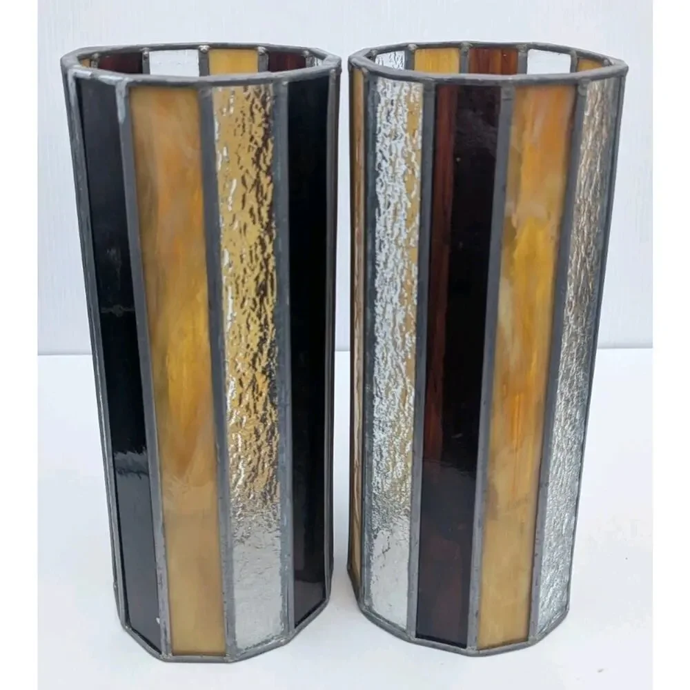 Vintage Stained Glass Tall Cylinder Swag Lamp Shades Lot of 2 Striped